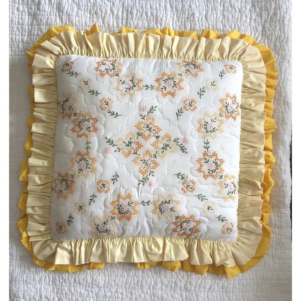 Vtg Quilted Cross Stitch Cream Yellow Floral Pillow Double Wide Ruffle 15x15